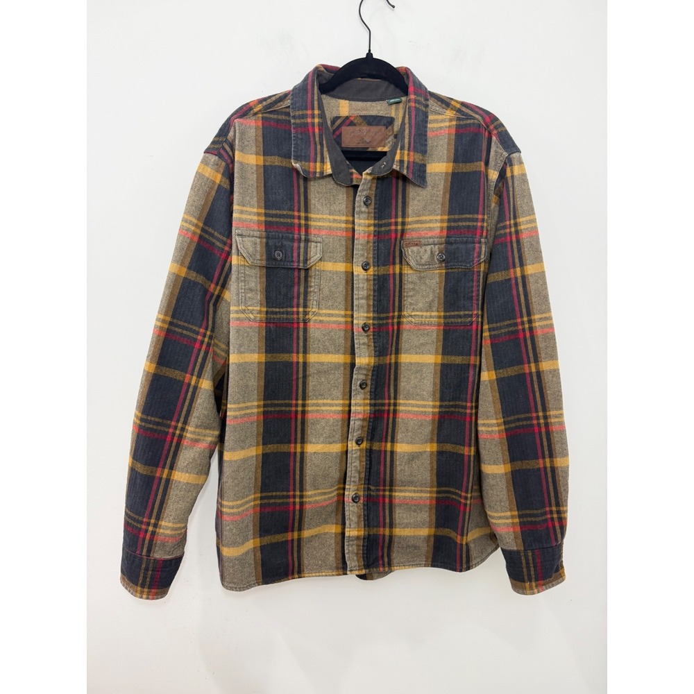 Orvis Mens Plaid Flannel Shirt Jacket Herringbone Tan Navy Red XL Side Pockets